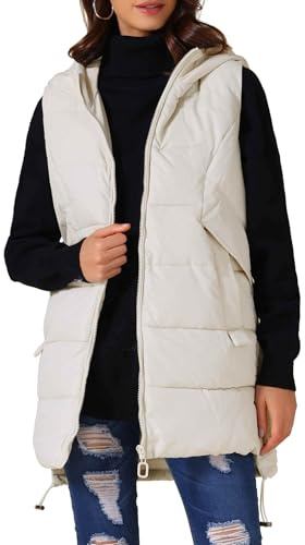 Allegra K Chaleco Largo Acolchado de Invierno para Mujer Chaqueta de Plumón Sin Mangas con Capucha y Bolsillos Beige M