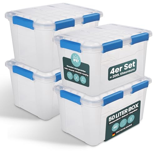 Kreher® Aufbewahrungsbox 50 Liter mit Deckel – wasserdicht & staubdicht, transparent & stapelbar, BPA- & schadstofffrei, robuste Kunststoffbox mit Silikondichtung & 6 Clips (4, 50 Liter)
