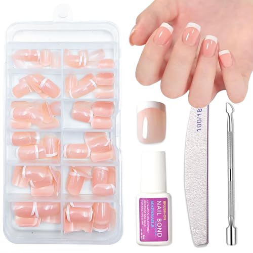 120PCS French False Nails Set - Extra Short Press on Nails French Tip - Round Square Fake nails with Glue - Nude Stick on Nails for Women - 12 Sizes Glue on nails Long Lasting for DIY Manicure