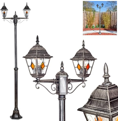 HOFSTEIN Kandelaber Naofe, Außenwegeleuchte aus Metall/Glas in Schwarz/Silber/Klar/Orange, Wegebeleuchtung 196 cm, 2 x E27, IP44, Wegeleuchte im Vintage-Design für Garten, Außenbereich, Hof