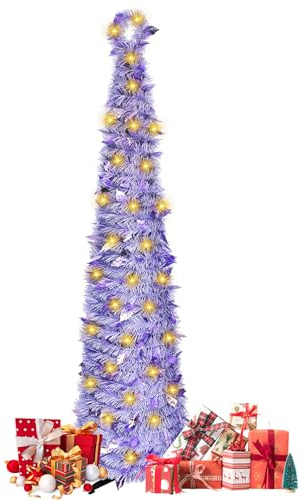 Árbol de Navidad,150cm Árbol de Pino de Navidad Artificial con Luces LED y Adornos,Árbol de Navideña Frondoso Artificiales Plegable ara Decoración Navideña (Morado)
