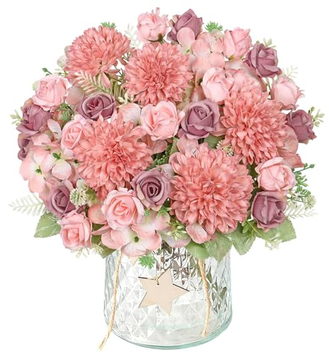 DEMIUKO 2 paquetes de flores artificiales de hortensias y rosas, ramo de flores artificiales de seda artificial, jarrón decorativo, arreglo floral para bodas, fiestas, hogar, cocina, centros de mesa