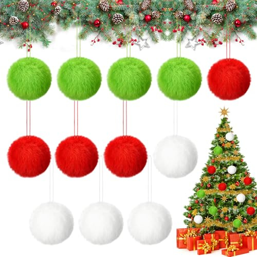 Pompons Weihnachten, 12 PCS Pelzige Weihnachtskugeln, Tree Hanging Decorations, Weihnachts-Pompons, Weihnachtsbaum Anhänger, für DIY Weihnachtsbaum, Kamin- und Wanddekoration (Rot + Grün + Weiß)