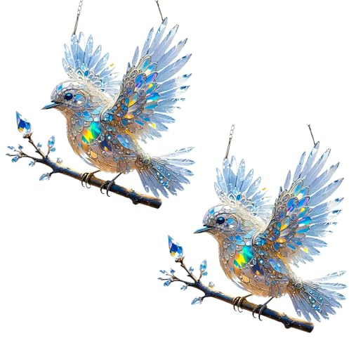 2D Acryl Buntglas Hummingbird Sonnenfänger, 2 Stück Kristallblauer Vogel-Kunstornament, Kristallblauvogel-Kunstornament, Bluebird Hängende Sonnenfänger für Fenster, Gärten, Wände, Terrassen
