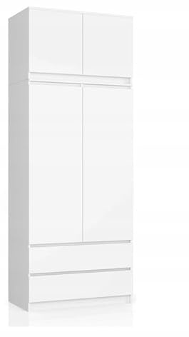 BDW Monia Armadio con 2 ante e 2 cassetti, opaco, 4 ripiani, guide a rulli in metallo, per camera da letto, guardaroba, ufficio (Bianco, 235 x 90 x 50 cm)