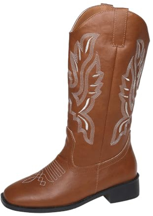 MlYJmer Western cowboy riddare stövlar retro Mid-Calf motorcykelstövlar, BRUN, 39 EU