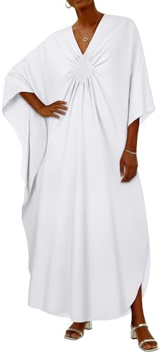 CHICGAL Womens Kaftan Dresses Long Caftans Plus Size Batwing Sleeve Swimsuit Coverup V Neck Summer Beach Dress (White,One Size)