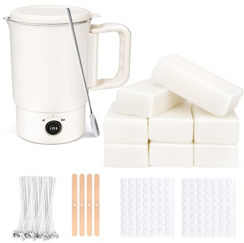Kit Candele Fai da Te, Kit per Sciogliere La Cera di Candela Elettrico da 800 Ml, 8 Cubi di Cera Bianca, 100 Stoppini per candele , 100 Adesivi per Stoppini , Supporto per Stoppini E Cucchiaio