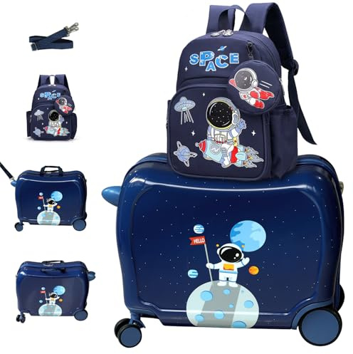 R.Leone Valigia Cavalcabile per Bambina EasyJet 45x36x20 cm + 30x23x14 cm Set 2 Pezzi Trolley Bagaglio a mano 4 Ruote e Zaino 3252. (Astronauta, Valigia 45x36x20cm+Zaino con corno)