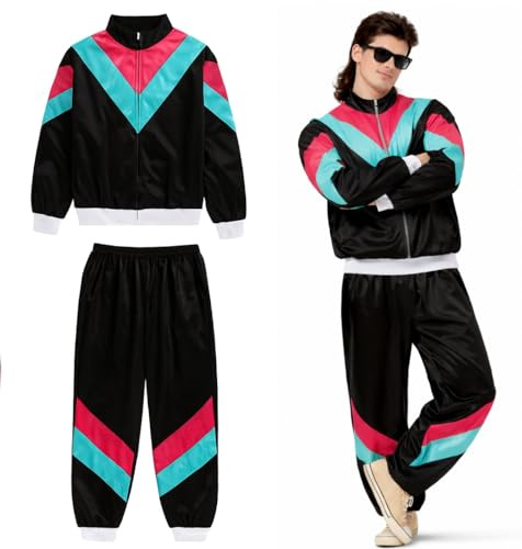 TK Gruppe Timo Klingler träningskostym Outfit overall - neon - 80-tal 90-tal år för retro dålig smak joggingbyxor herr & dam - maskerad & karneval, svart, L-XL