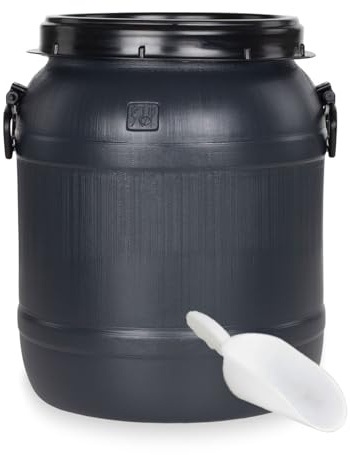 DIE BOX FABRIK Futtertonne schwarz 50 Liter mit Schaufel | Lebensmittelechtes Weithalsfass mit Schraubdeckel | Luftdicht & wasserdicht | Maischefass (50 Liter)