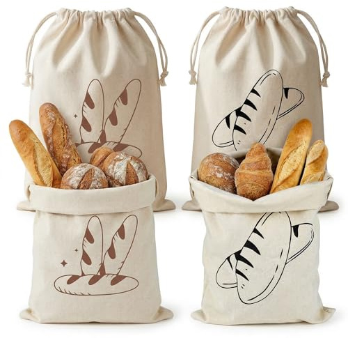VVQWCY 4 Stück Brotbeutel Leinen Ungebleicht, 40 X 30cm Brotsack Aufbewahrung Frischhalten, Wiederverwendbar Leinenbeutel für Brot Obst Gemüse
