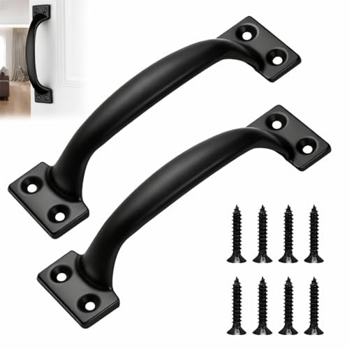 ACKKOR 2 Pcs Black 143mm Gate Handle, Black Handles with 8 Screws Gate Handles for Wooden Gates Shed Door Pull Handle for Cabinets Furniture Outdoor Indoor Use