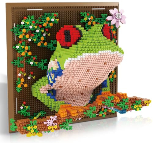 3D väggkonst byggkloss-set lövgroda (2406 delar) | Mini djurbyggklossar för hem- och kontorsdekoration, present för vuxna och ungdomar från 14 år