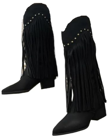 AMEEDA Stivali Texani Donna Scarpe Stivali da donna alti al ginocchio Punta a punta Donna moderna con frange Zip posteriore Tacco medio Taglie forti