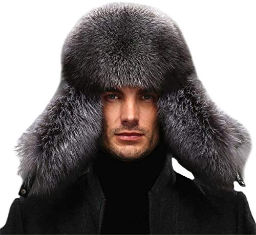 KAISHIN Winter Herren VollFuchspelz & Echtes Schafsleder Bomber H¨¹te Ohrenklappen Uschanka H¨¹te Blauer Fuchs Farbe XL