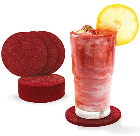 Tebewo Lot de 10 sous-verres en feutre pour verres, tasses, gobelets, table et bar, ronds (10 cm rond), rouge clair)