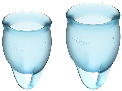 Satisfyer Feel Confident copa menstrual 2 piezas | Copas menstruales reutilizables y sostenibles, 15 y 20 ml | Fáciles de limpiar y cómodas | Silicona médica de protección duradera: Azul claro