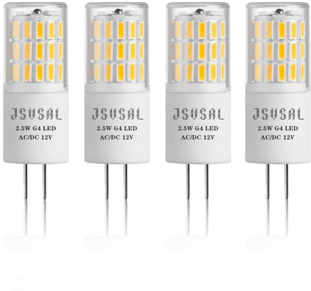 JSVSAL G4 LED Bulb 2.5W 3000K Soft White Bi-pin T3 JC Type 12V AC/DC, 20W Halogen Equivalent for Outdoor Landscape Lighting Deck Stair Step Path Lights, Not dimmable,280LM, Packof 4