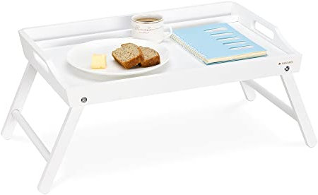 Navaris Tavolo Colazione a Letto - Vassoio Porta Colazione in Legno bambù - Tavolino Portacolazione - Tavola Serviletto Gambe Pieghevoli - Bianco