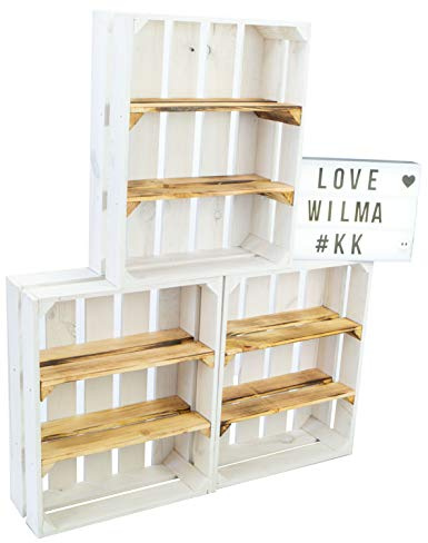 Kistenkolli Altes Land Flache Holzkiste Wohnwand 50 x 40 x 15cm Gewürzregal Ablageregal Wohnwand Trennwand Sideboard Weinkiste Hängeregal (3er Set Wilma Weiss geflammt)