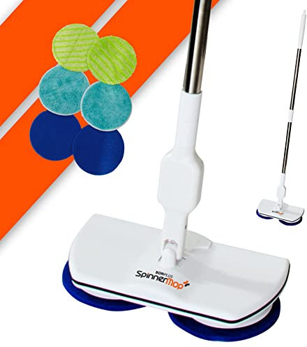 Bonplus BP | Vadrouille Rotative Électrique sans Fil | Spinner Mop | Autonomie 50 Minutes | Charge Rapide | Puissance 105RPM | Convient à Tous Les Types de Sol | 3 Types de têtes | Nettoyage