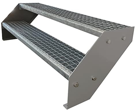 Kaminbau Mierzwa Premium Stahl Treppe Verzinkt & Silber Pulverbeschichtet 2 Stufen (Breite 60 cm) (Höhe 38 cm) Wetterfest Gitterroststufe Gartentreppe