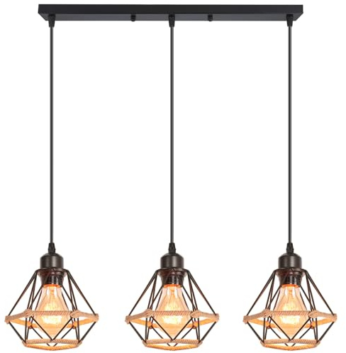 iDEGU 3-flammig Hängelampe 16CM Industrie Pendelleuchte Vintage Lampenschirme aus Metall Hanfseil Käfig Design Retro E27 Schwarz Pendelleuchte für Esszimmer Wohnzimmer (3-flammig Hängeleuchte, Balken)