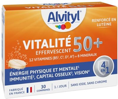 Alvityl - Vitalité 50 + Comprimés effervescents, goût tropical - 12 vitamines, 8 minéraux, 2 plantes et lutéine - Dès 50 ans - 30 comprimés effervescents