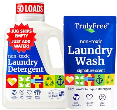 Truly Free Natural Laundry Detergent for Sensitive Skin | Eco Friendly, Plant Based, Baby Clothes Safe | Clean & Easy Powder to Liquid, 1 Empty Reusable Jug + 1 Fill Pack | Signature Scent, 50 Loads