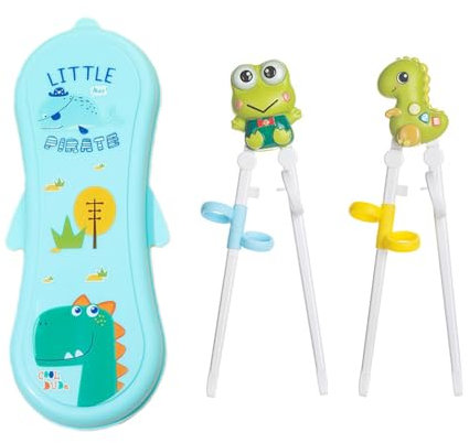 2 Pares Palillos de Entrenamiento para Niños, Dibujos Animados de Animales, Antideslizantes, Aptos para Principiantes, Reutilizables, Con Caja de Almacenamiento (Verde)