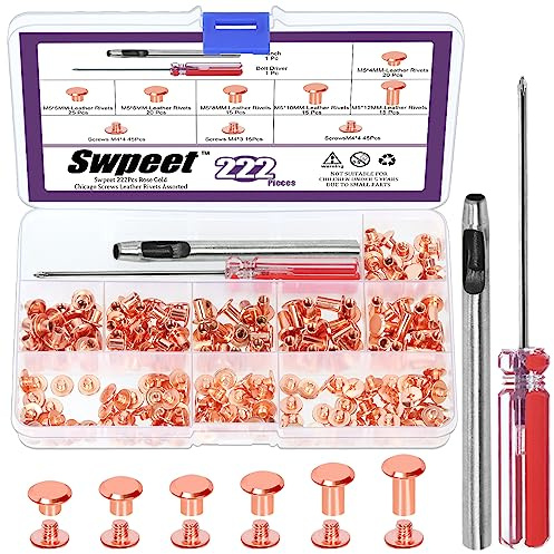 Swpeet M5 Chicago Screws 110 Set 6-Größen M5 x 4mm/5mm/6mm/8mm/10mm/12mm Rose Gold Leder Nieten Chicago Bindungsschrauben mit Installationswerkzeugen Sortiment Kit, Schraubennieten Bindung