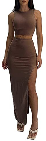 Geagodelia Completo Donna Estivo Attillato 2 Pezzi Canotta Crop Top Senza Maniche + Gonna Lunga con Spacco, marrone, L