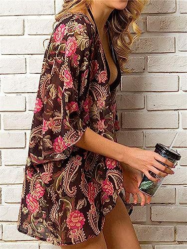 Bedruckter Chiffon Kaftan Strand Cover Up Cardigan Schal Bademode Damen Sommer Badeanzug Neu Braun XXL 3XL