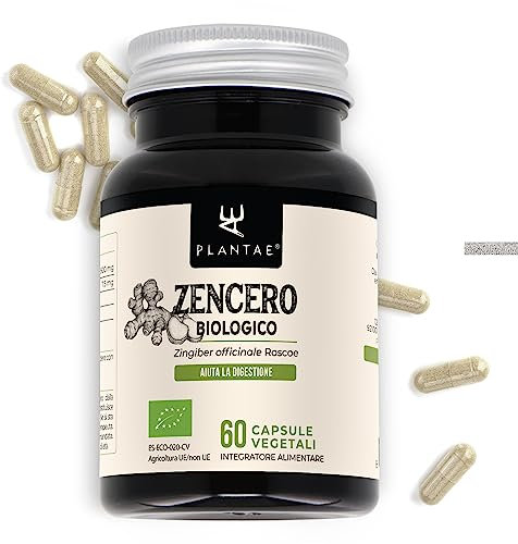Plantae * Estratto secco di rizoma di zenzero ecologico * 60 capsule vegetali * 1,5% in gingeroli e capaoli * Digestione + sistema immunitario + salute cardiovascolare + vertigini