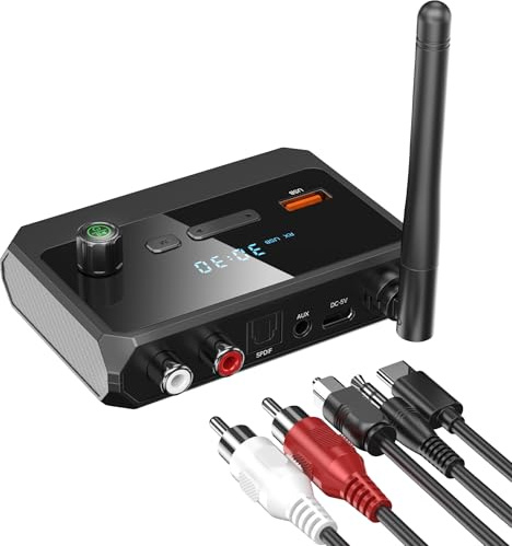 KAIY Bluetooth 5.3-mottagare för hemstereo, låg latens och HD-musikljud Bluetooth till RCA-adapter för stereo/högtalare/trådbundna högtalare/hemmusikströmning stereosystem, stöder optisk AUX 3,5 mm