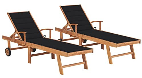 LAPOOH Sonnenliegen 2 STK. Gartenliege, Liegestuhl, Sonnenstuhl, Sonneninsel Outdoor, Liegen, Gartenmöbel, Bäderliege, Relaxliege, mit Schwarzen Auflagen,Massivholz Teak -at
