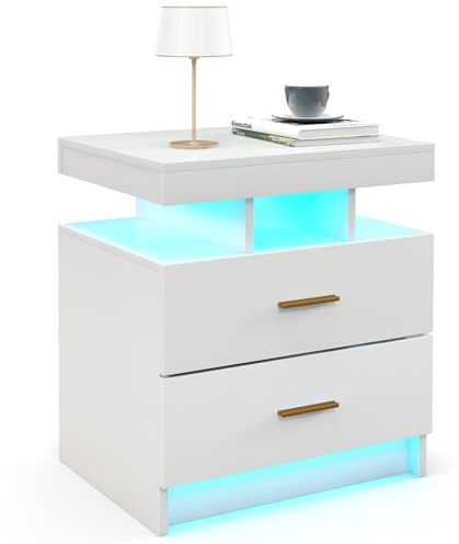 COSTWAY Table de Chevet avec Éclairage LED 20 Couleurs, Table de Nuit 2 Tiroirs, 2 Modes Dynamiques, Télécommande, Chevet de Lit pour Chambre, Salon, Table d’Appoint, Haute Brillance (1, Blanc)