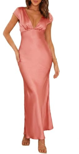 Halfisland - Lång satinklänning för kvinnor, sommar, V-ringad, cap ärm, rygglös, elegant, maxi draperad, midilång, bröllopsgästklänning