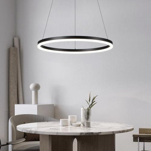 LED Pendelleuchte Modern Runde Dimmbar Hängeleuchte Ring Kreis Hängelampe Moderne Wohnzimmerleuchten Esstisch Pendellampe Pendelleuchte Für Kücheninsel Wohnzimmer Büro Halle(Schwarz,1-Ring-80cm)