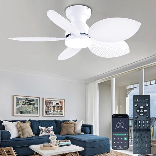 GJeg Tropical Ceiling Fan with Light, 38 Inch, Flush Mounted, Palm Leaf Ceiling Fan, for Bedroom, Indoor and Outdoor, Remote Control/App Control, 6 Speeds