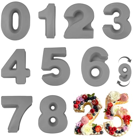 Velicber 9-teilige, dickwandige Silikon-Kuchenform, 25,4 cm, 3D-Zahlenform für Geburtstagstorte, Hochzeit, Geburtstag, Grau
