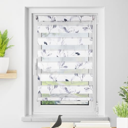 Doppelrollo Klemmfix ohne Bohren Weiß-blätter B75 x H120 cm (Stoffbreite 71cm) Doppelrollo mit Muster, Duo Rollos für Fenster ohne Bohren Rollos mit Motiv, Seitenzugrollo Lichtdurchlässig