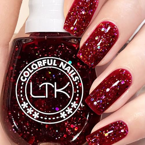 Glitter Nail Polish - Red Nail Varnish - 13ml Dark Red nail Polish - Shimmer Cherry red Fingernail Polish - Glossy Long Lasting & Quick Dry Sparkle Nail Varnish for Nail Art Manicure DIY