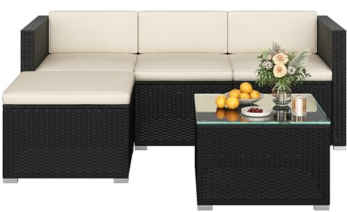 Yaheetech Set med 5 trädgårdsmöbler, balkongmöbler i set av PE-rotting väderbeständiga terrassmöbler utomhus med 2 hörnsoffa och soffa och stol och sidobord och sittdyna för trädgård/balkong/terrass,