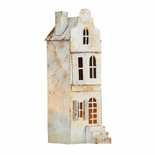 Loberon Windlicht Mirexo, antikweiß | Nostalgische Hausform, mit Patina-Optik, Rustikaler Charme, mit Einsatz für Teelichter, Kerzenhalter, Dekoration, Eisen
