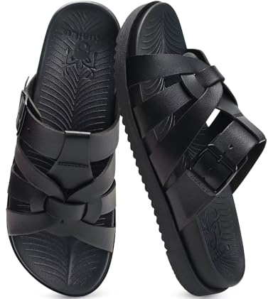 Kuailu Gladiator Sandals for Women Comfortable Arch Support Summer Beach Vacation Walking Travel Flats Orthopedic Strappy Slides Boho Dress Outfits Fisherman Slip on Cushion Leather Shoes Black Size 7