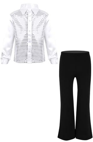 inhzoy Completo da Ballo Latino Americano Tango Bambino Ragazzo Camicia con Paillettes + Pantaloni Larghi Tuta da Ginnastica Danza Moderna Jazz Hip Hop Dancewear Bianco 13-14 anni