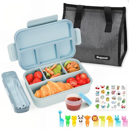 Bugucat Lonchera Bento de 1300 ml con bolsa de almuerzo, lonchera para niños y adultos con cubiertos, cajas de aperitivos con caja de salsa y 10 tenedores de frutas, caja bento con compartimentos para