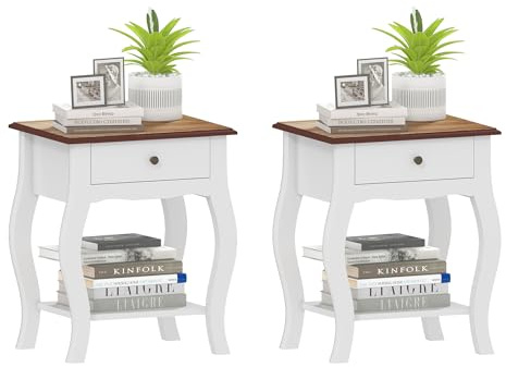 HOMCOM Pack de 2 Mesitas de Noche con Cajón 45x35x55 cm Blanco y Roble | Mesillas de Noche Dormitorio, Estante Abierto, Tapa Efecto Roble, Estilo Francés, para Salón